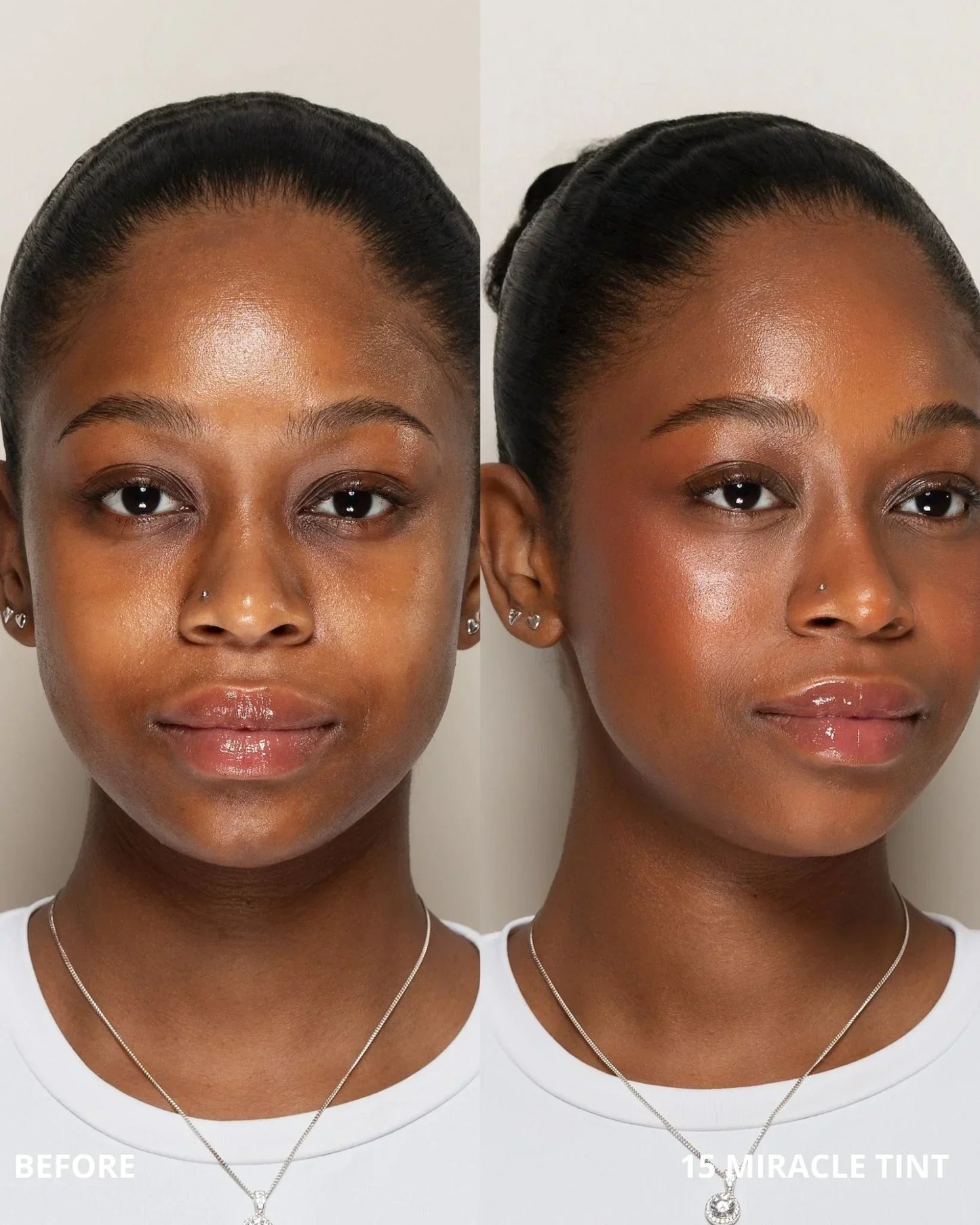 Before and after comparison of a woman's face with ' 15 Miracle Tint' application.
