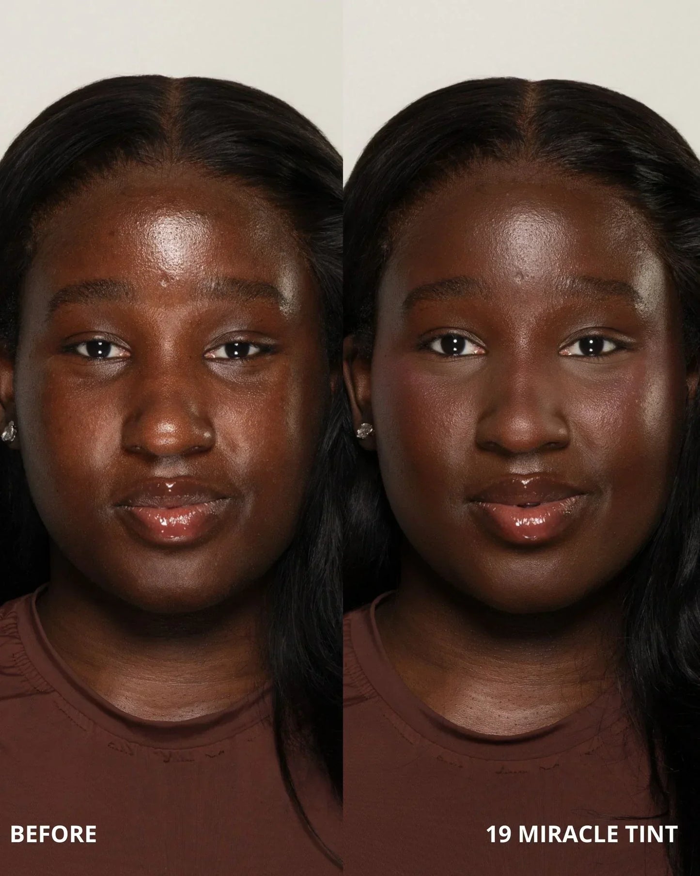 Before and after comparison of a person with '19 Miracle Tint' on a plain background.
