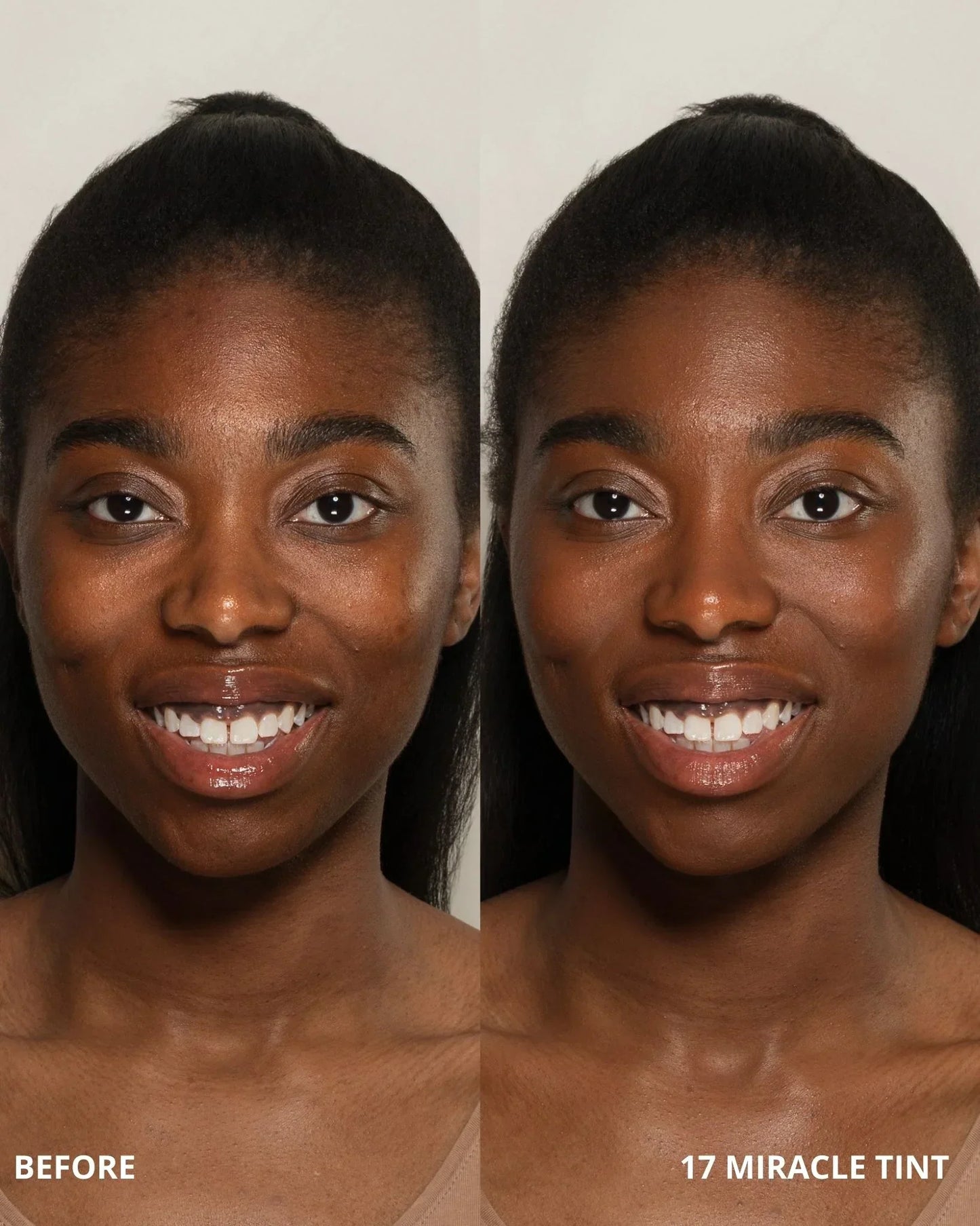 Before and after comparison of a woman's face with '17 Miracle Tint' application.