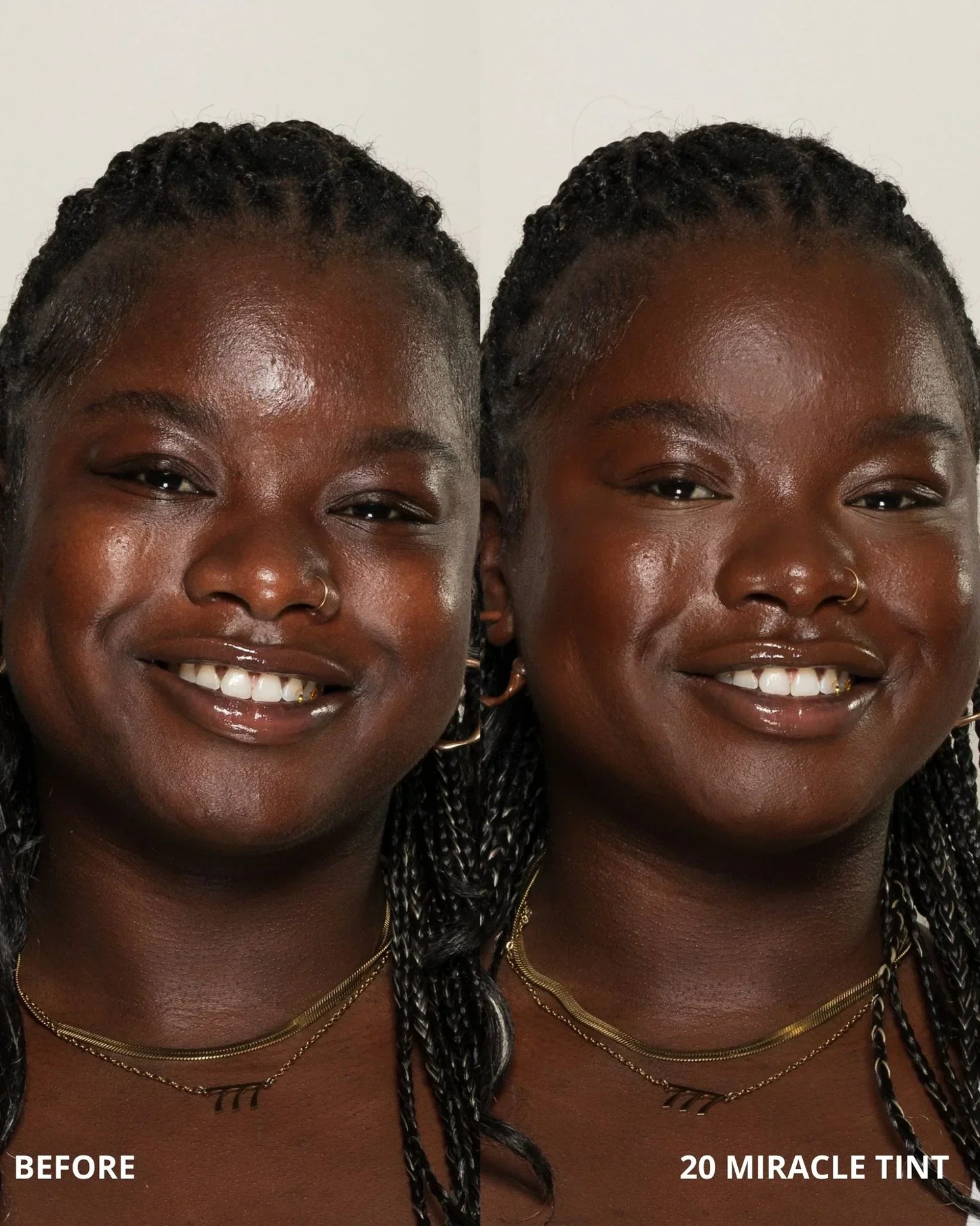 Before and after comparison of a woman with '20 Miracle Tint' on a plain background