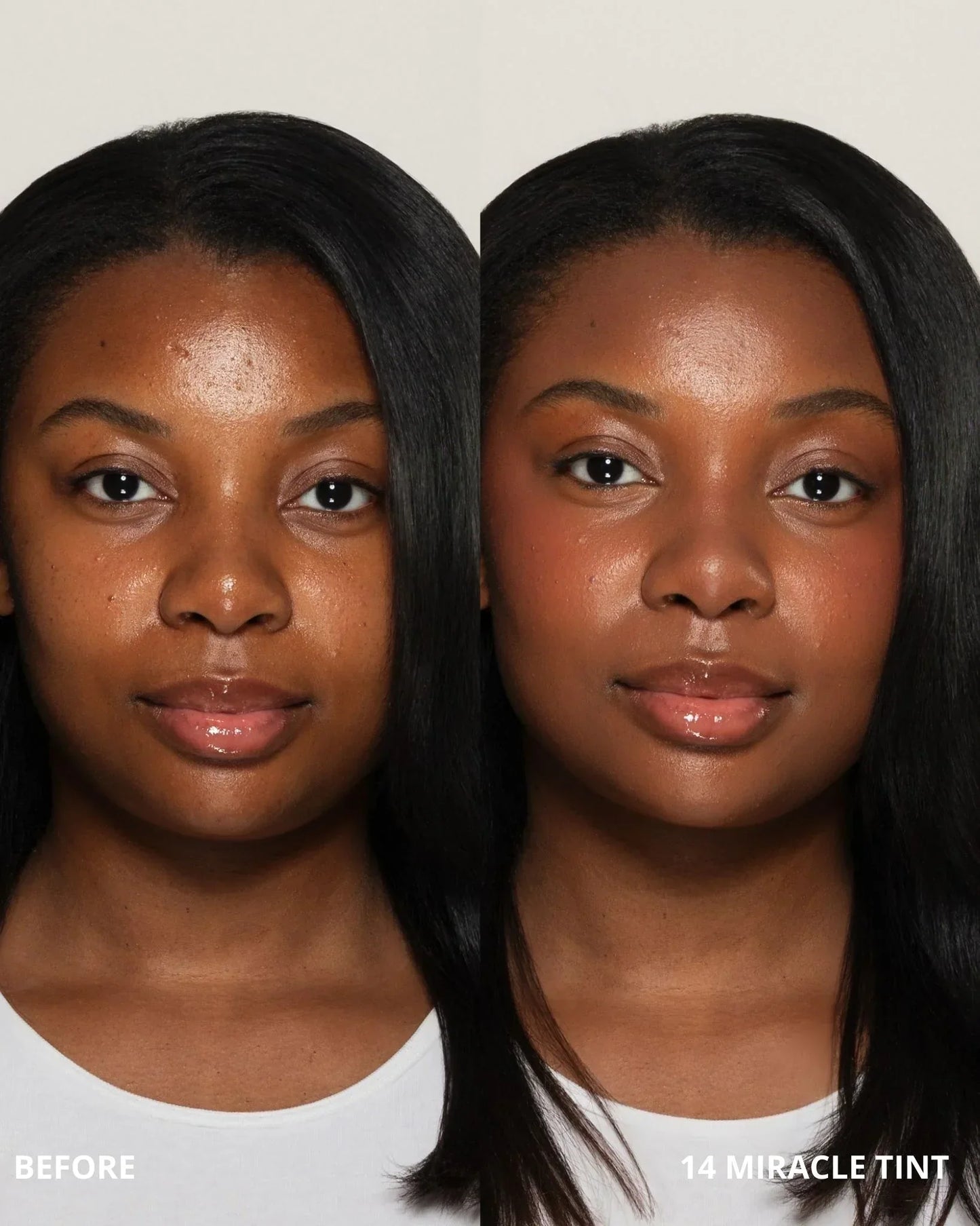 Before and after comparison of a woman with '14 Miracle Tint' on her skin.