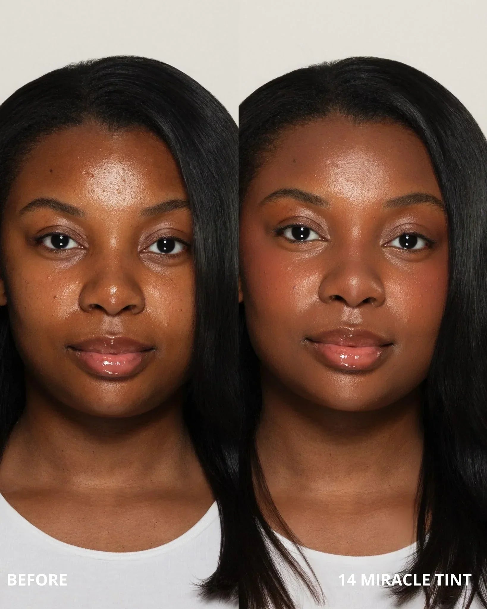 Before and after comparison of a woman with '14 Miracle Tint' on her skin.