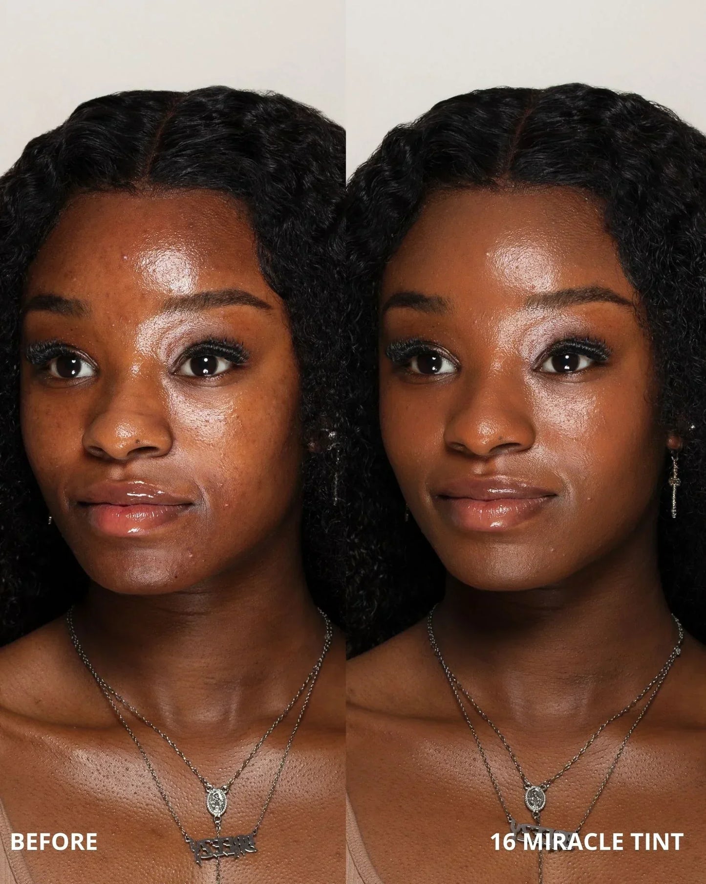 Before and after comparison of a woman's face with '16 Miracle Tint' applied.