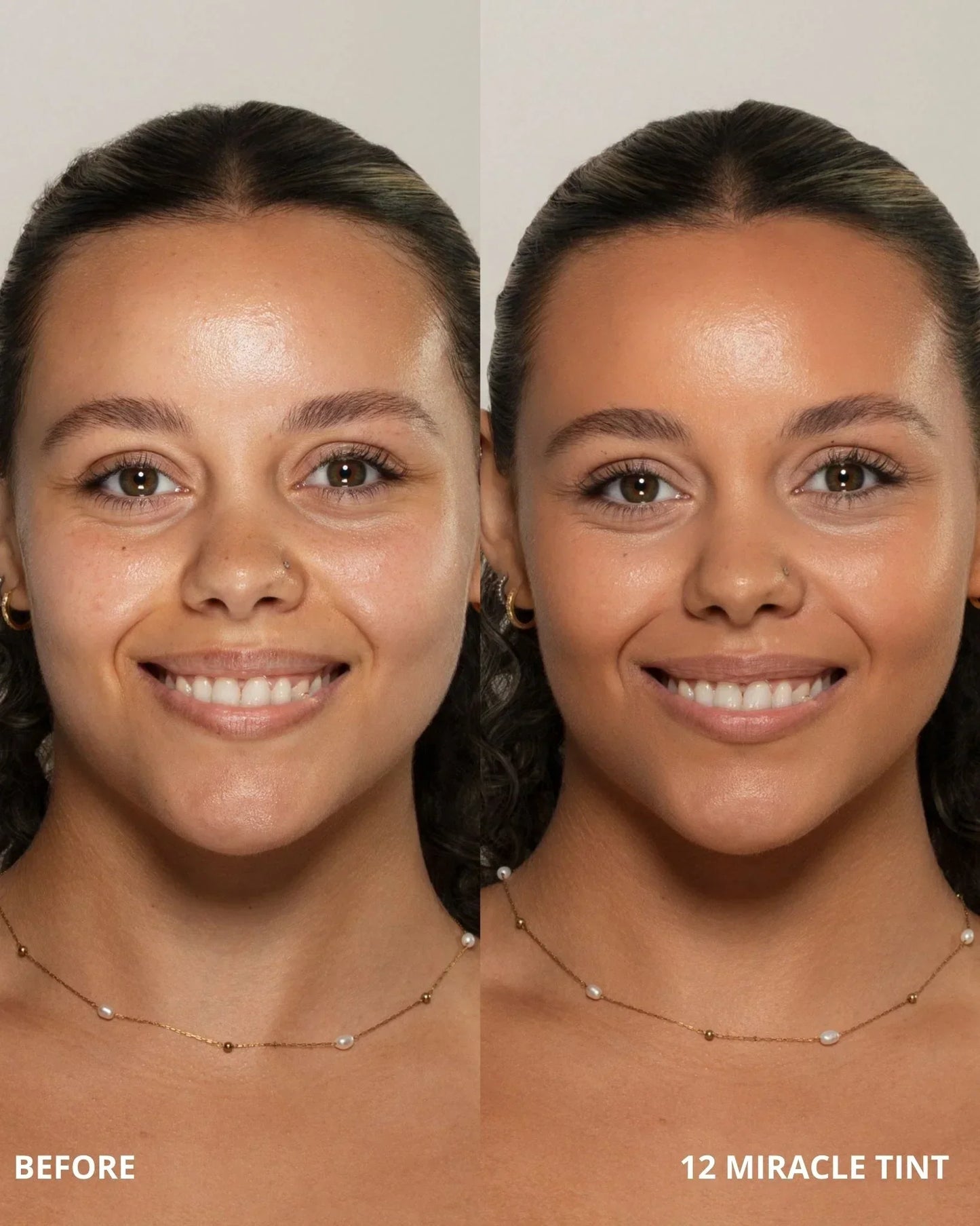 Before and after comparison of a woman's face with '12 Miracle Tint' application.