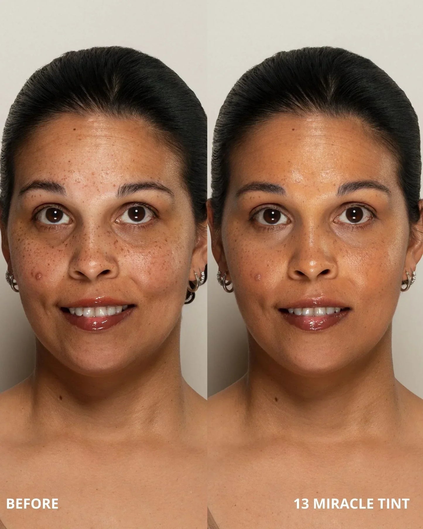 Before and after comparison of a woman's face with '13 Miracle Tint' applied.