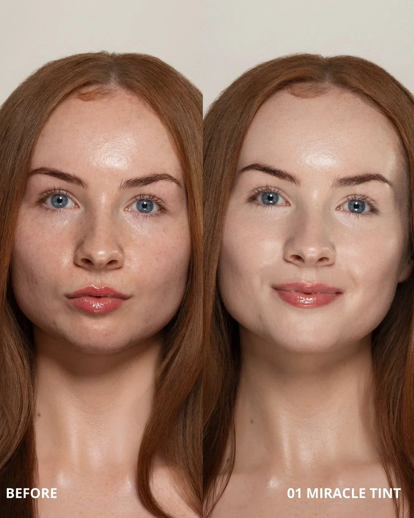 Before and after comparison of a woman's face with '01 Miracle Tint' application.