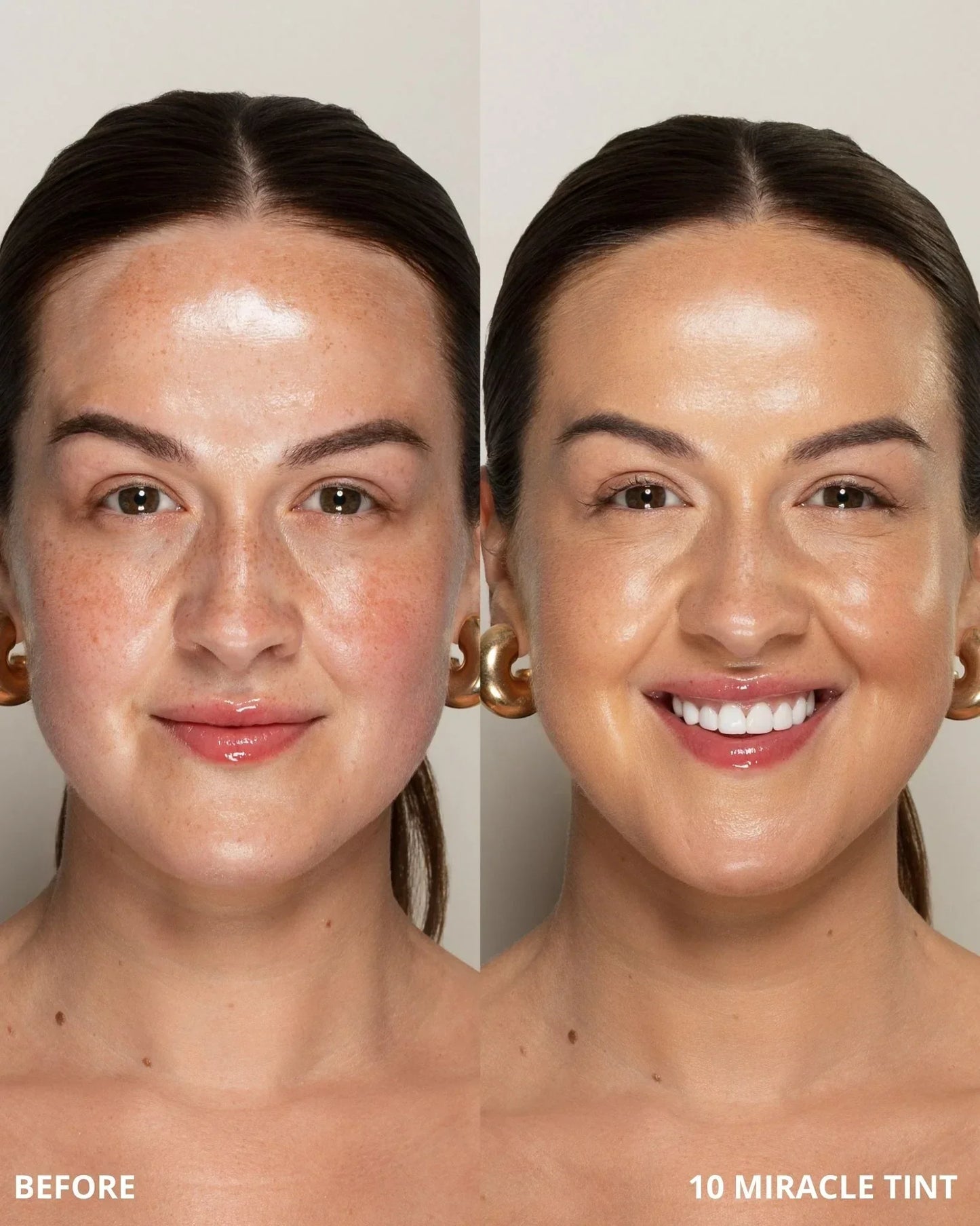 Before and after comparison of a woman's face with '10 Miracle Tint' application.