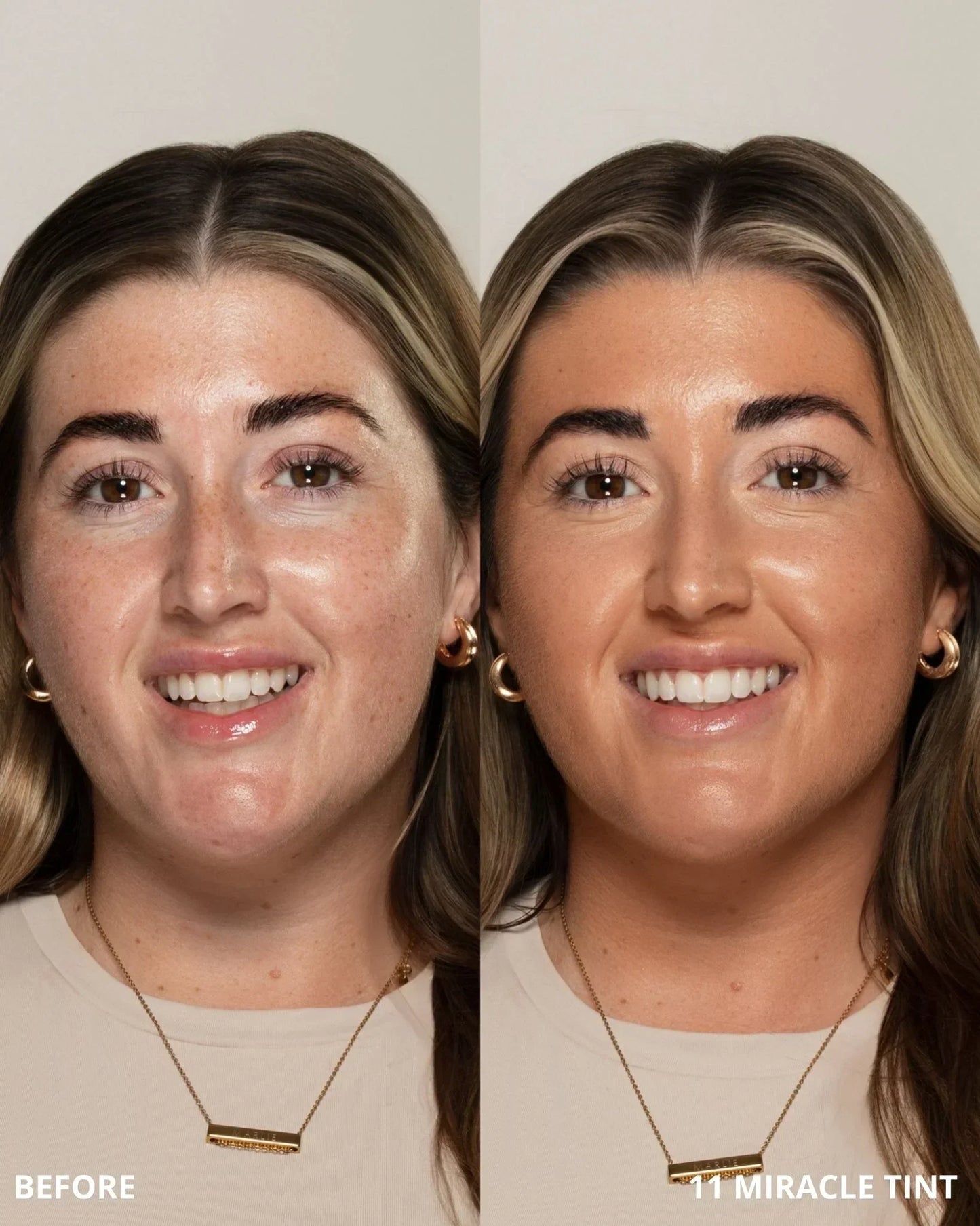 Before and after comparison of a woman's face with '11 Miracle Tint' application.