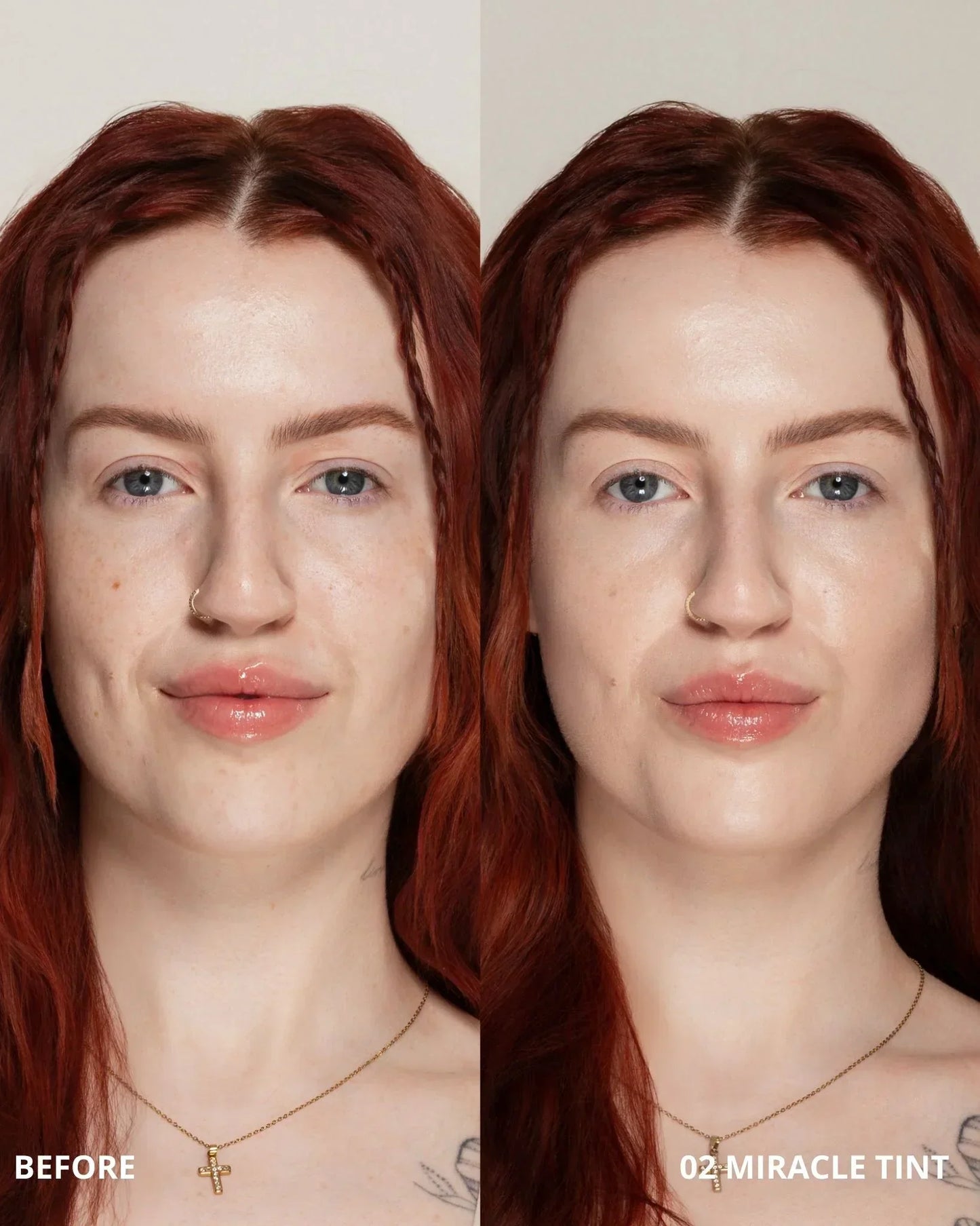 Before and after comparison of a woman's face with '02 Miracle Tint' applied.