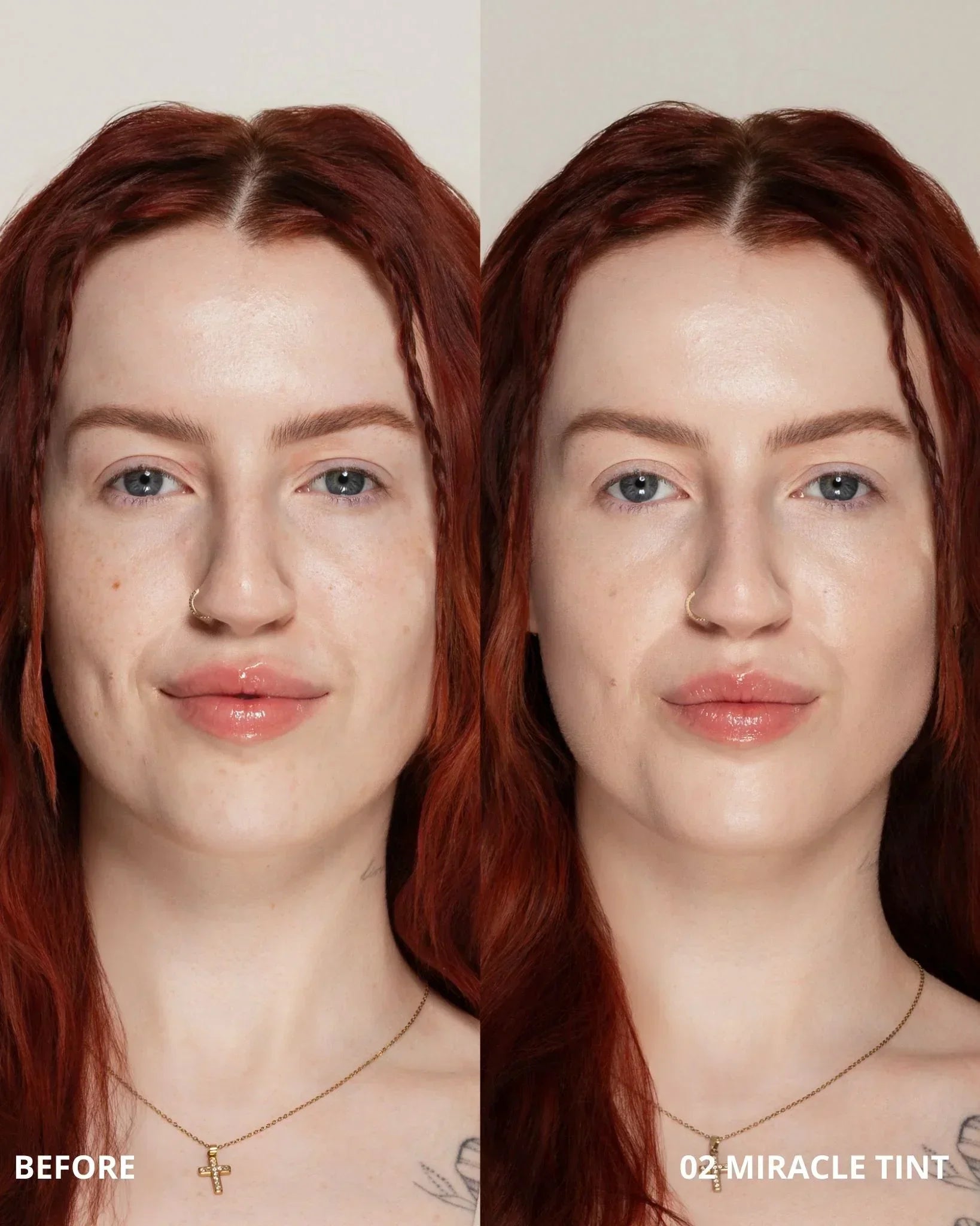 Before and after comparison of a woman's face with '02 Miracle Tint' applied.