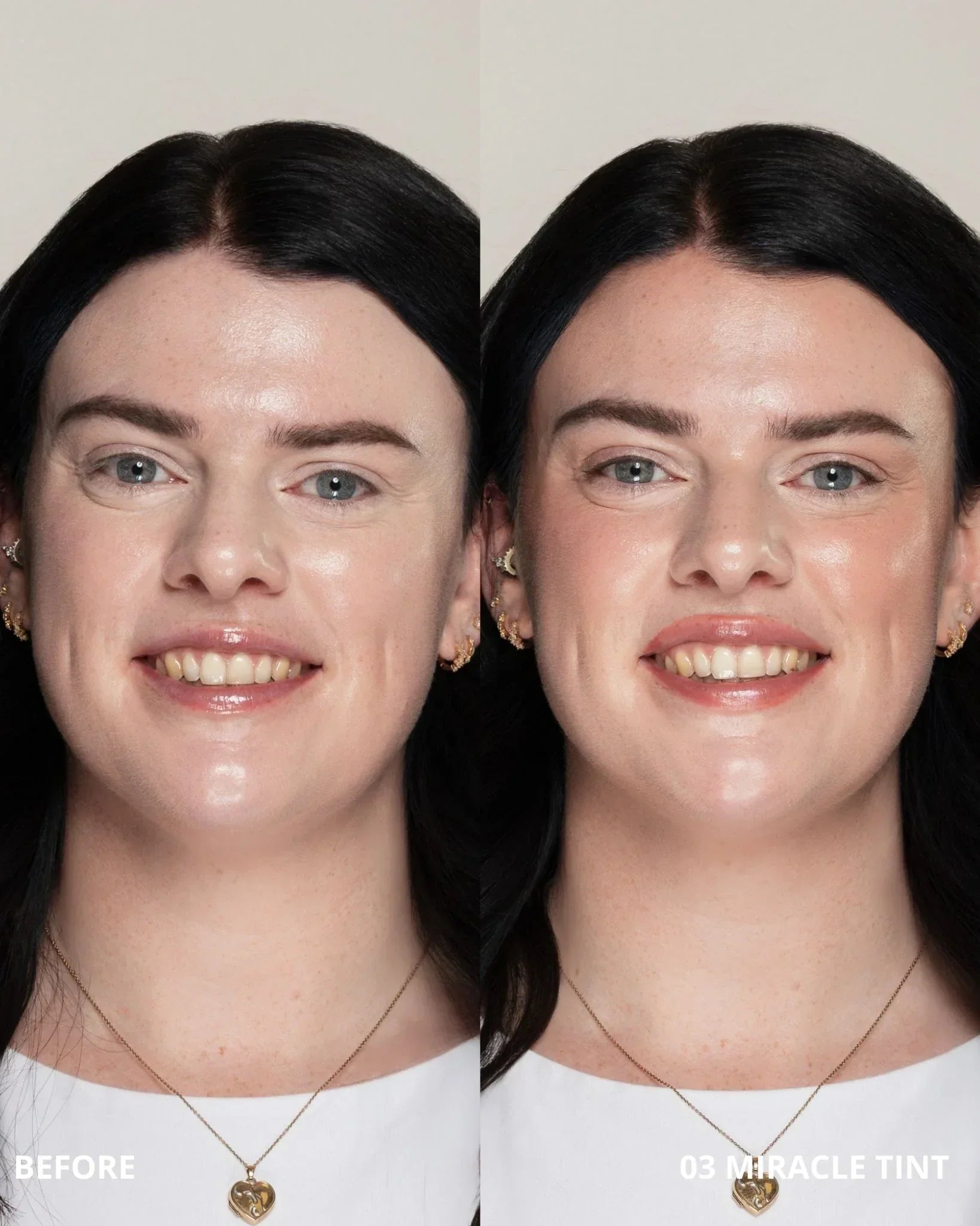 Before and after comparison of a woman's face with '03 Miracle Tint' applied.