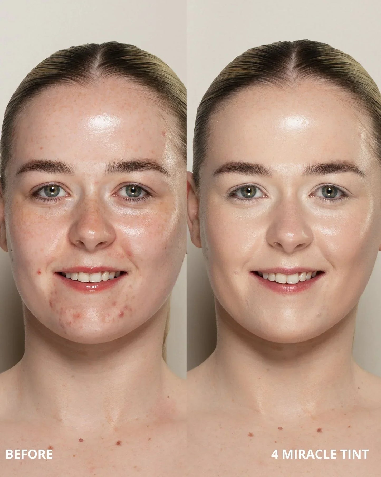Before and after comparison of a woman's face with '4 Miracle Tint' application.