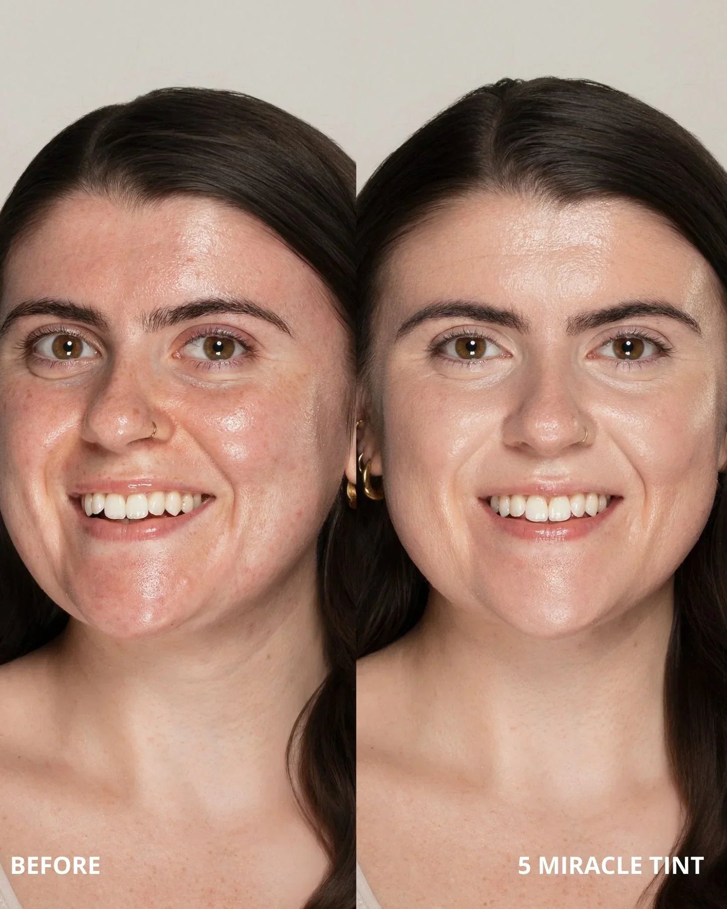 Before and after comparison of a woman's face with '5 Miracle Tint' application.