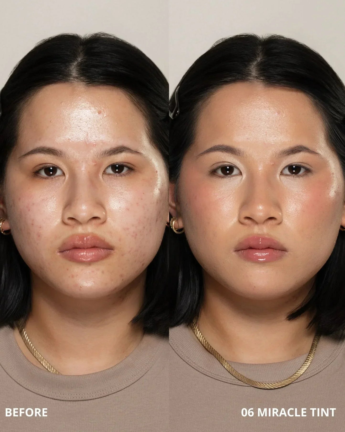 Before and after comparison of a woman's face with '06 Miracle Tint' on a neutral background.