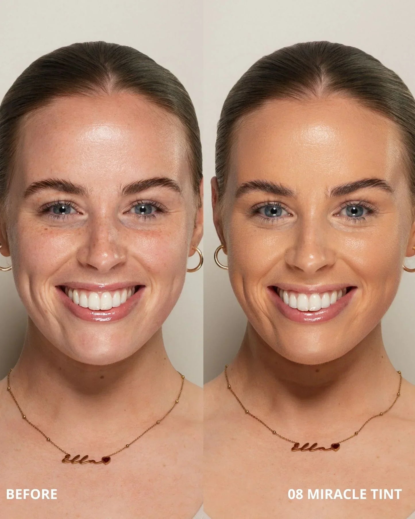Before and after comparison of a woman's face with '08 Miracle Tint' applied.