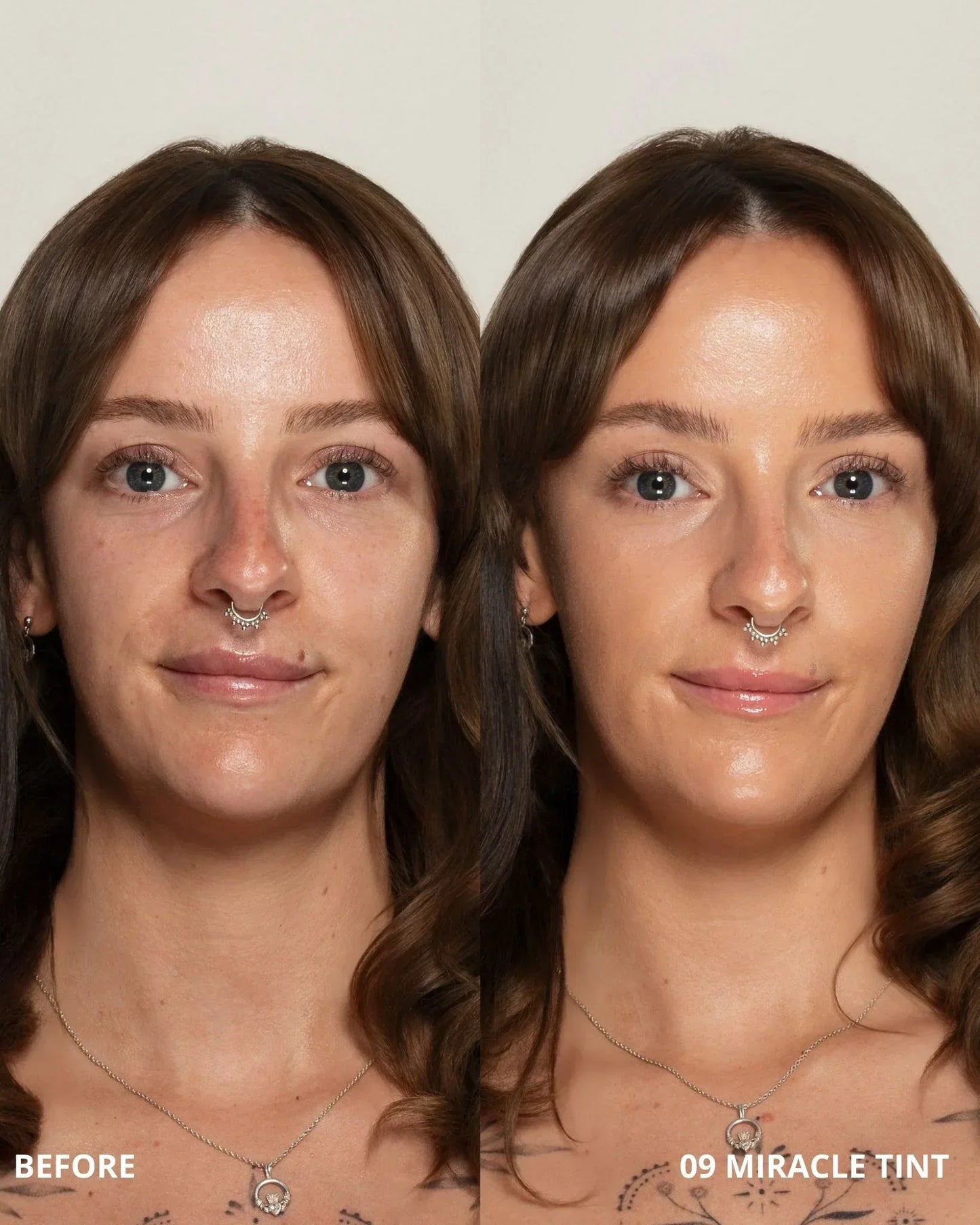 Before and after comparison of a woman with '09 Miracle Tint' on her skin.