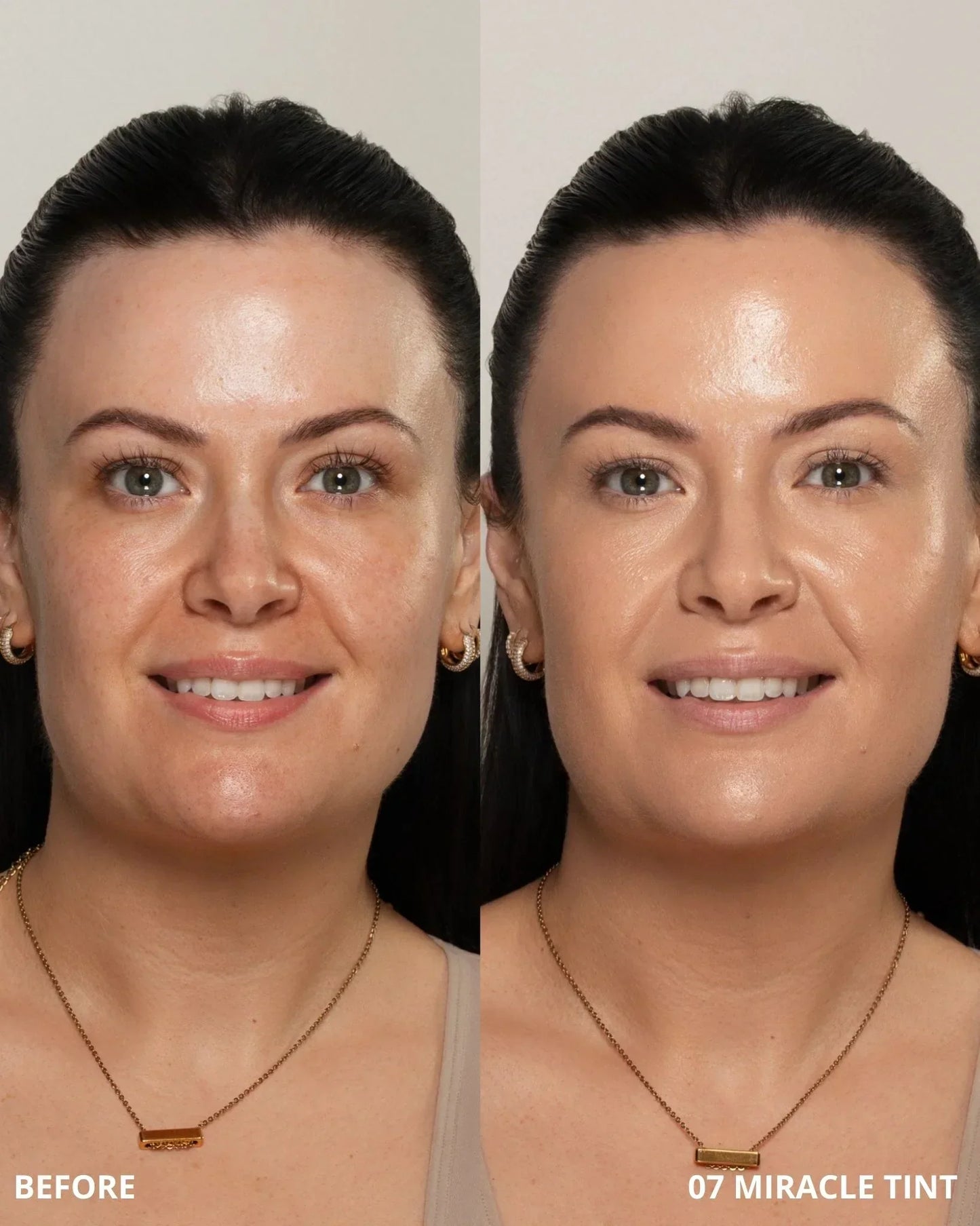 Before and after comparison of a woman's face with '07 Miracle Tint' application.