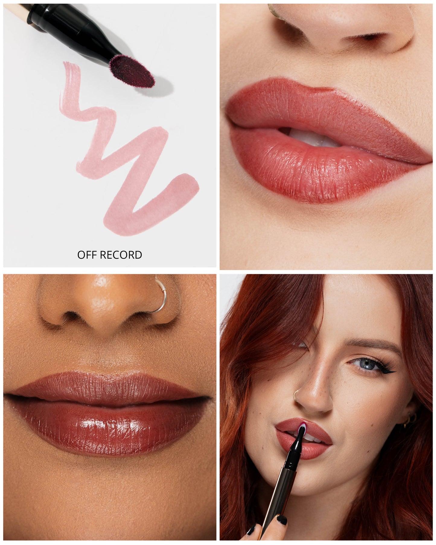 Collage of lipstick application and close-ups with a brand logo.