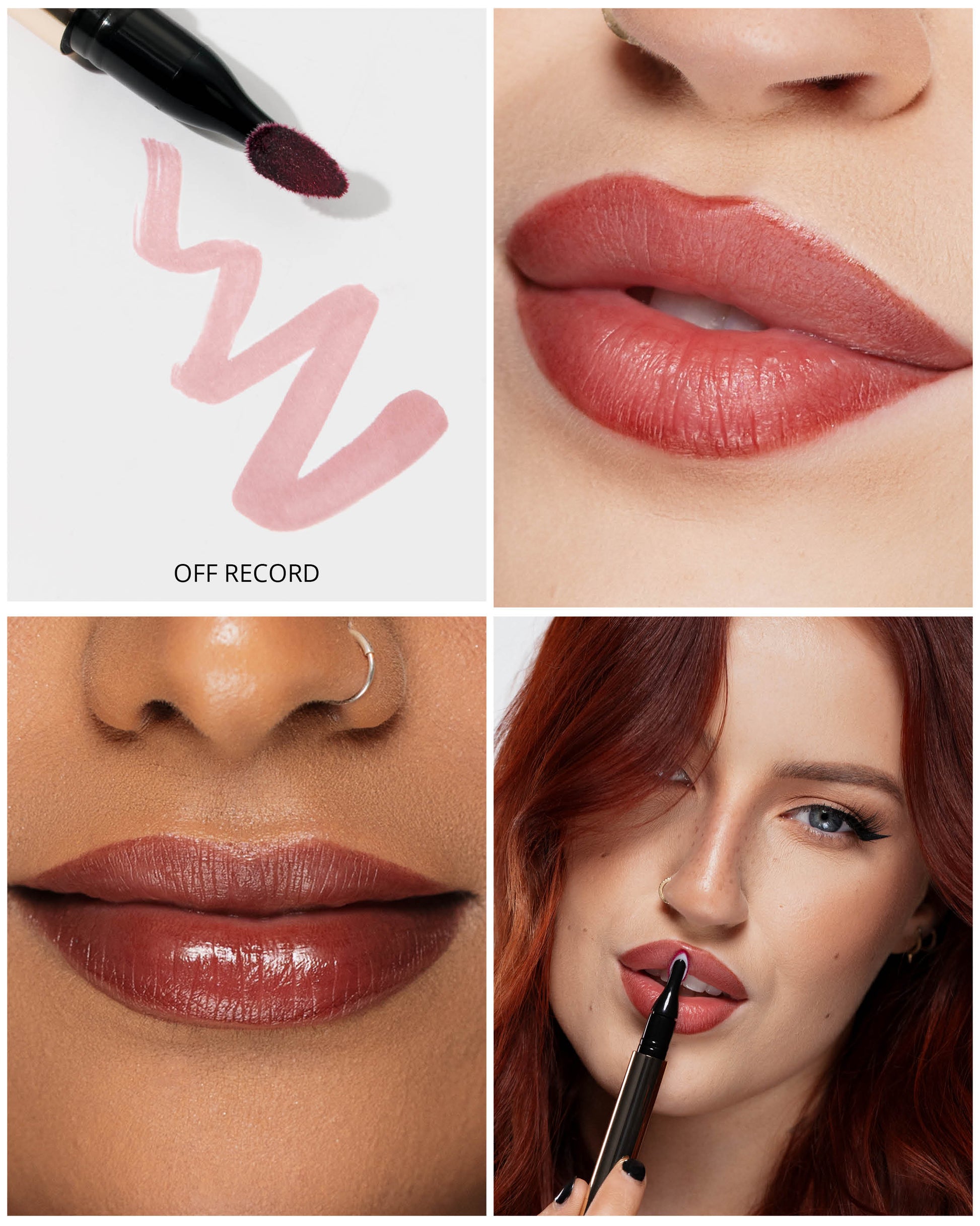 Collage of lipstick application and close-ups with a brand logo.
