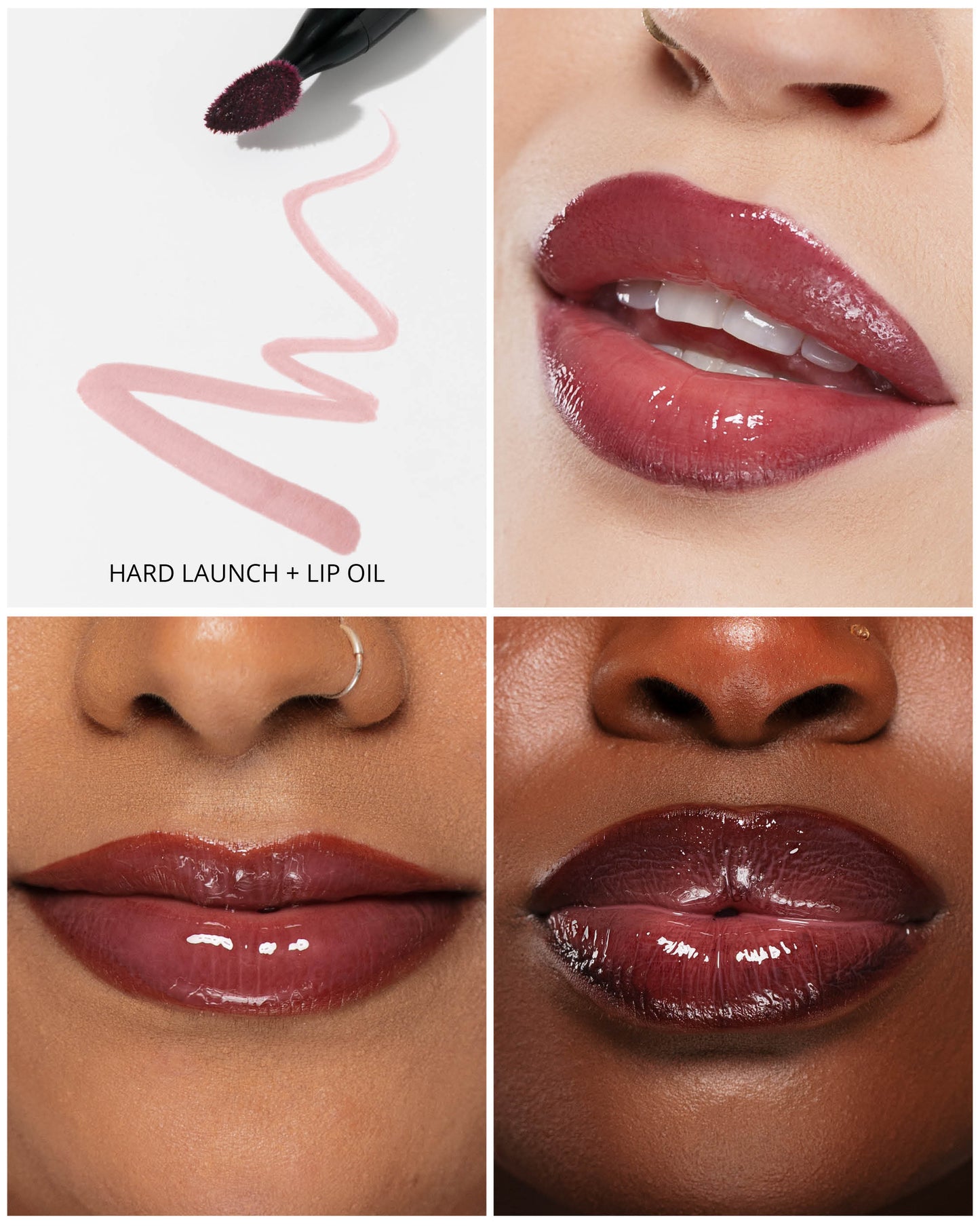 Collage of a lip oil product with close-ups on lips and brand logo.