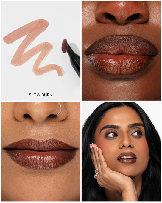 Collage of a lipstick with application, close-up of lips, and a model wearing the lipstick.