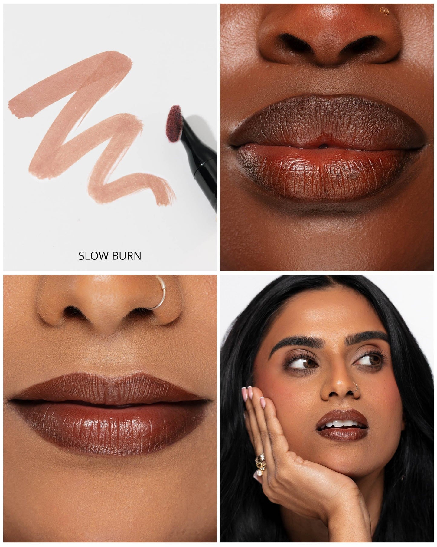 Collage of a lipstick with application, close-up of lips, and a model wearing the lipstick.