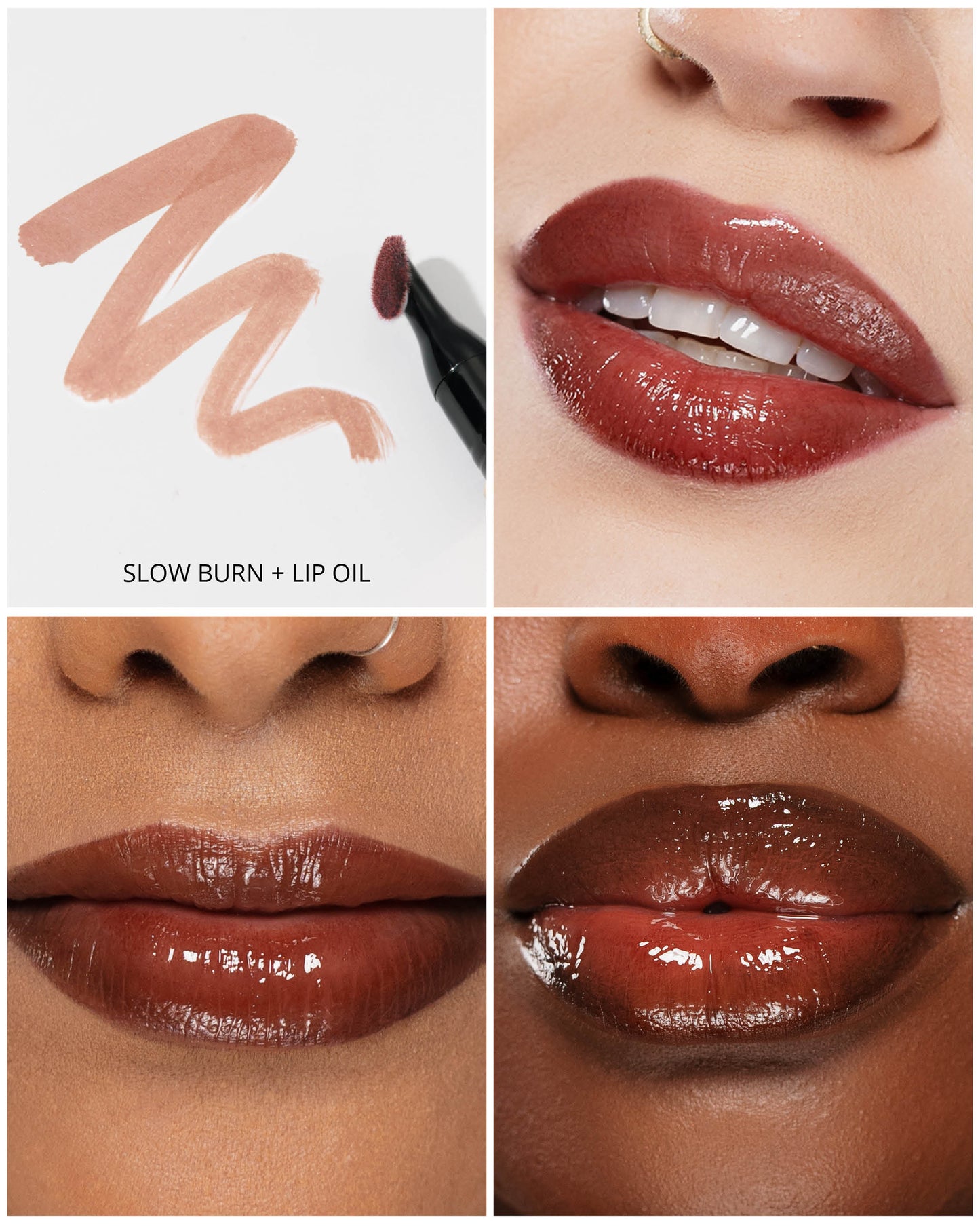 Lip oil product with application on lips and brand logo.