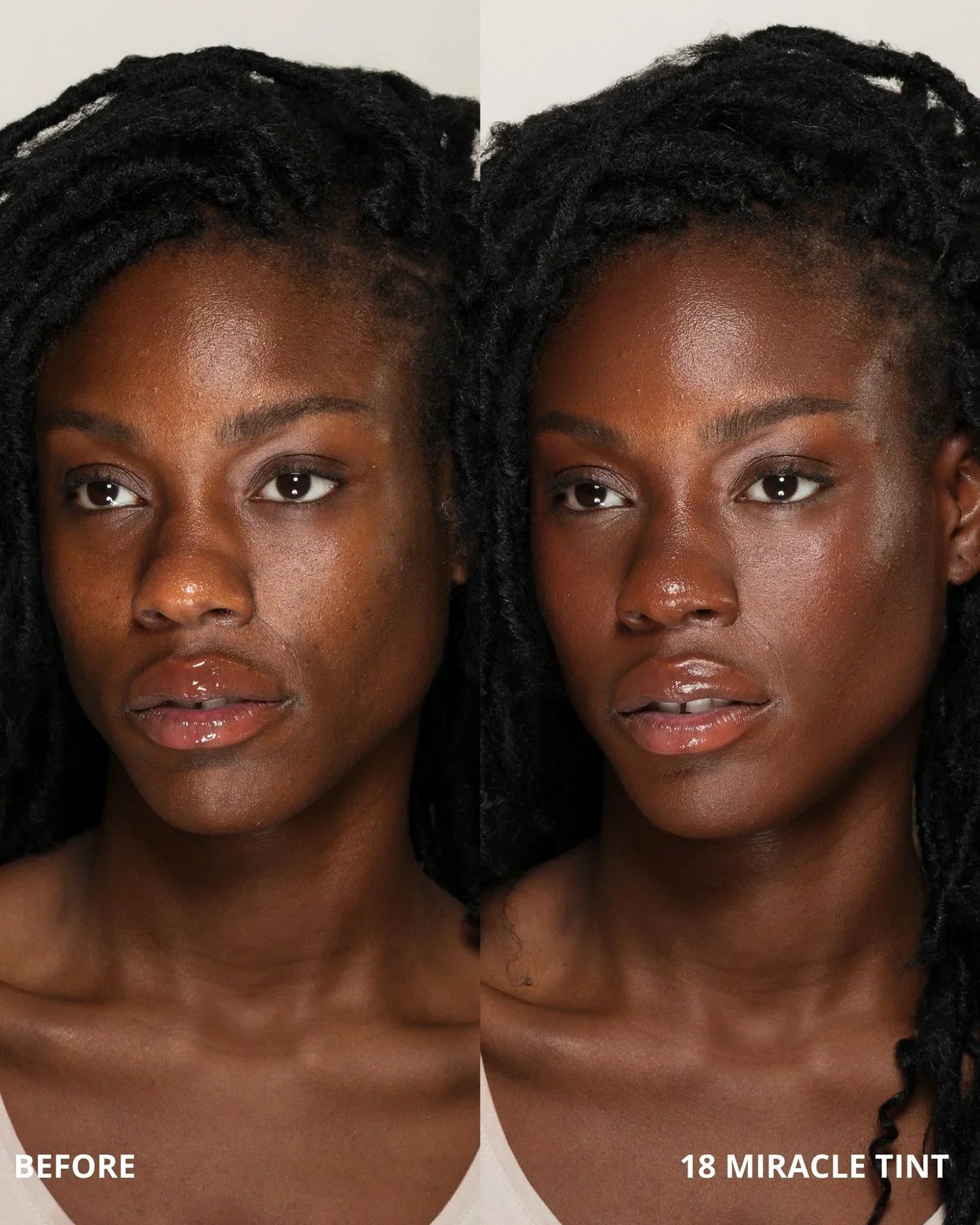Before and after comparison of a woman's face with '18 Miracle Tint' applied.