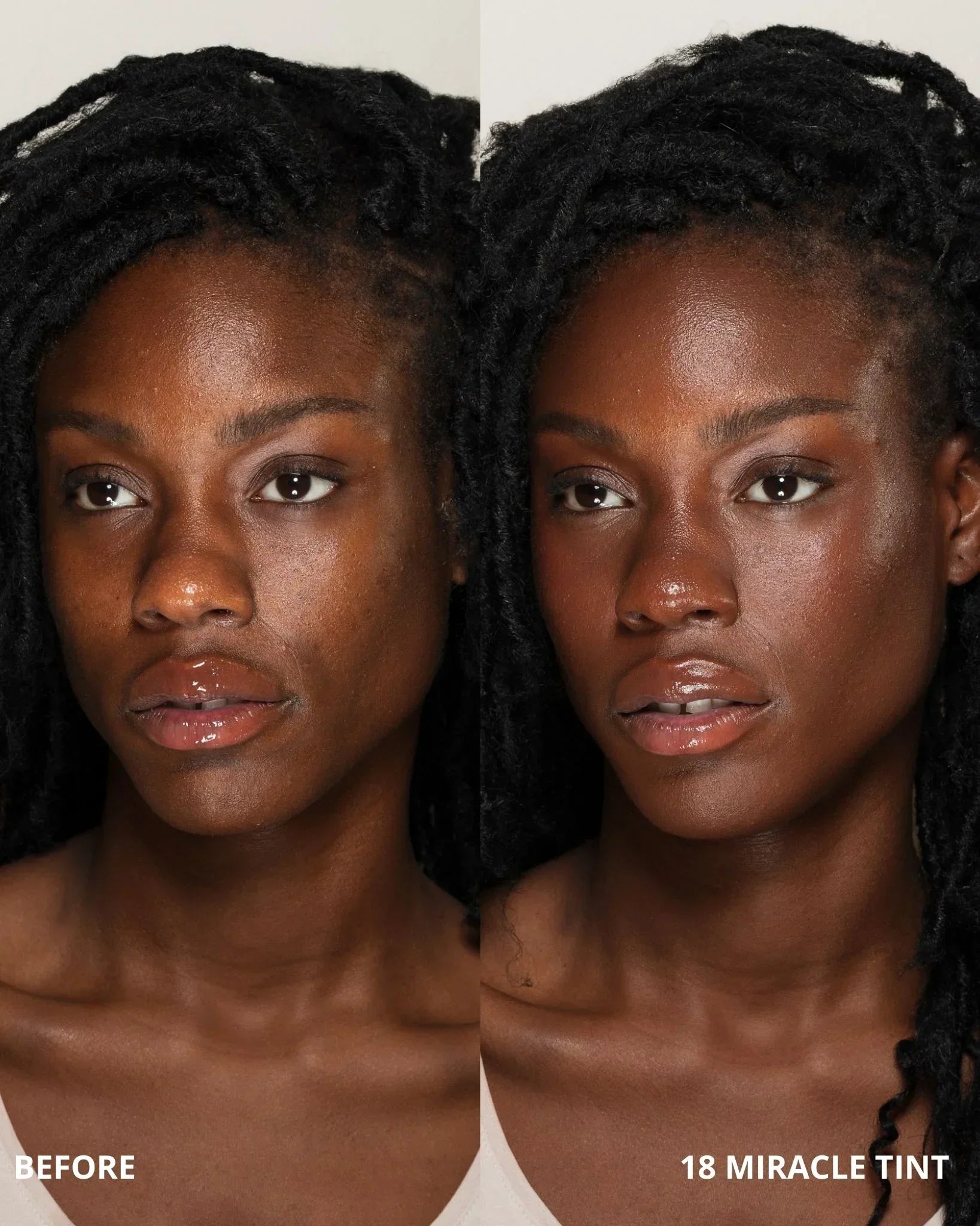 Before and after comparison of a woman's face with '18 Miracle Tint' applied.
