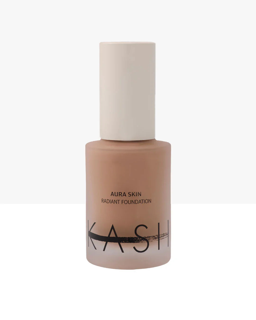 Aura Skin Radiant Foundation bottle with beige matte finish and white cap on plain background