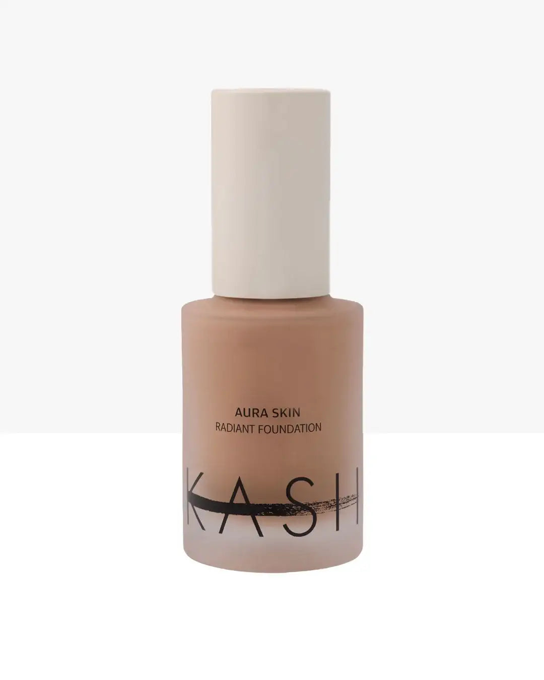 Aura Skin Radiant Foundation bottle with beige matte finish and white cap on plain background