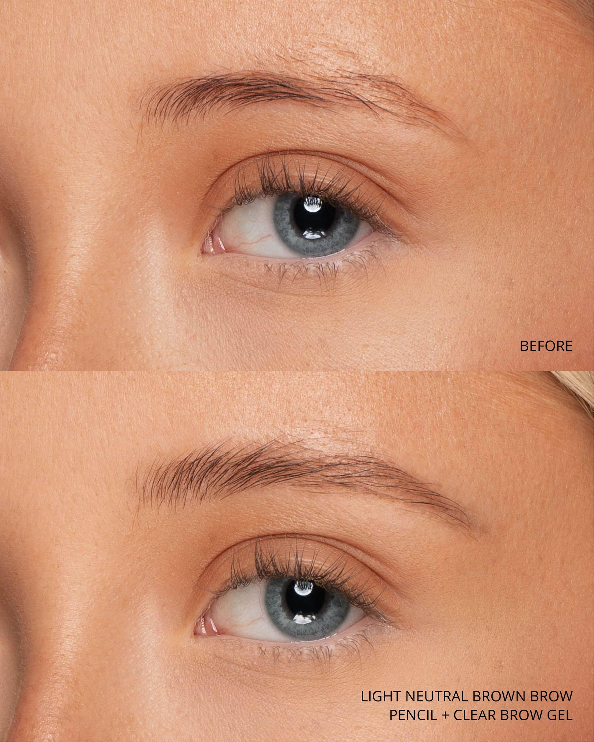 Before and after comparison of a light neutral brown eyebrow pencil and clear brow gel on a person's eye area.