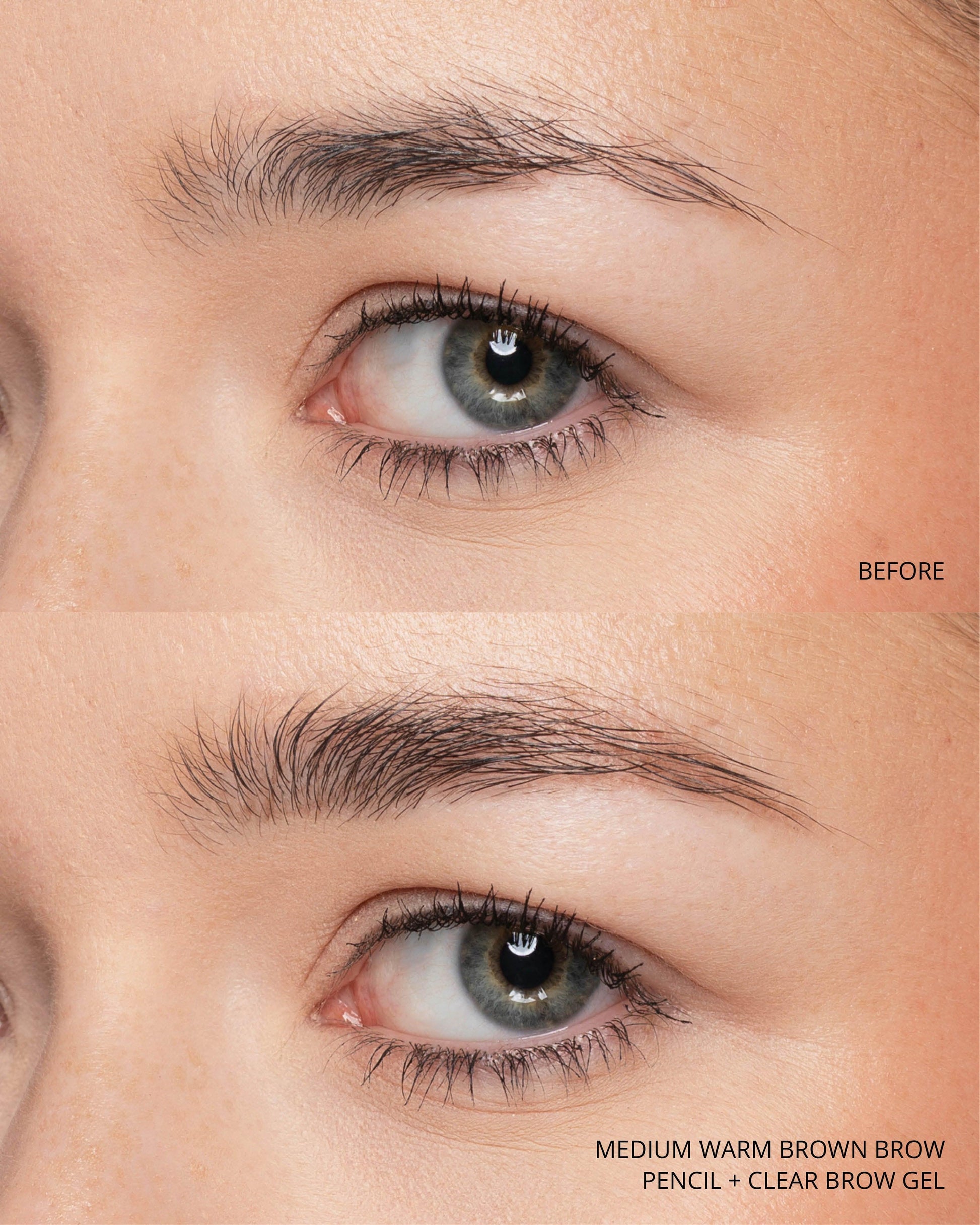Before and after comparison of medium warm brown brows with text indicating product use.