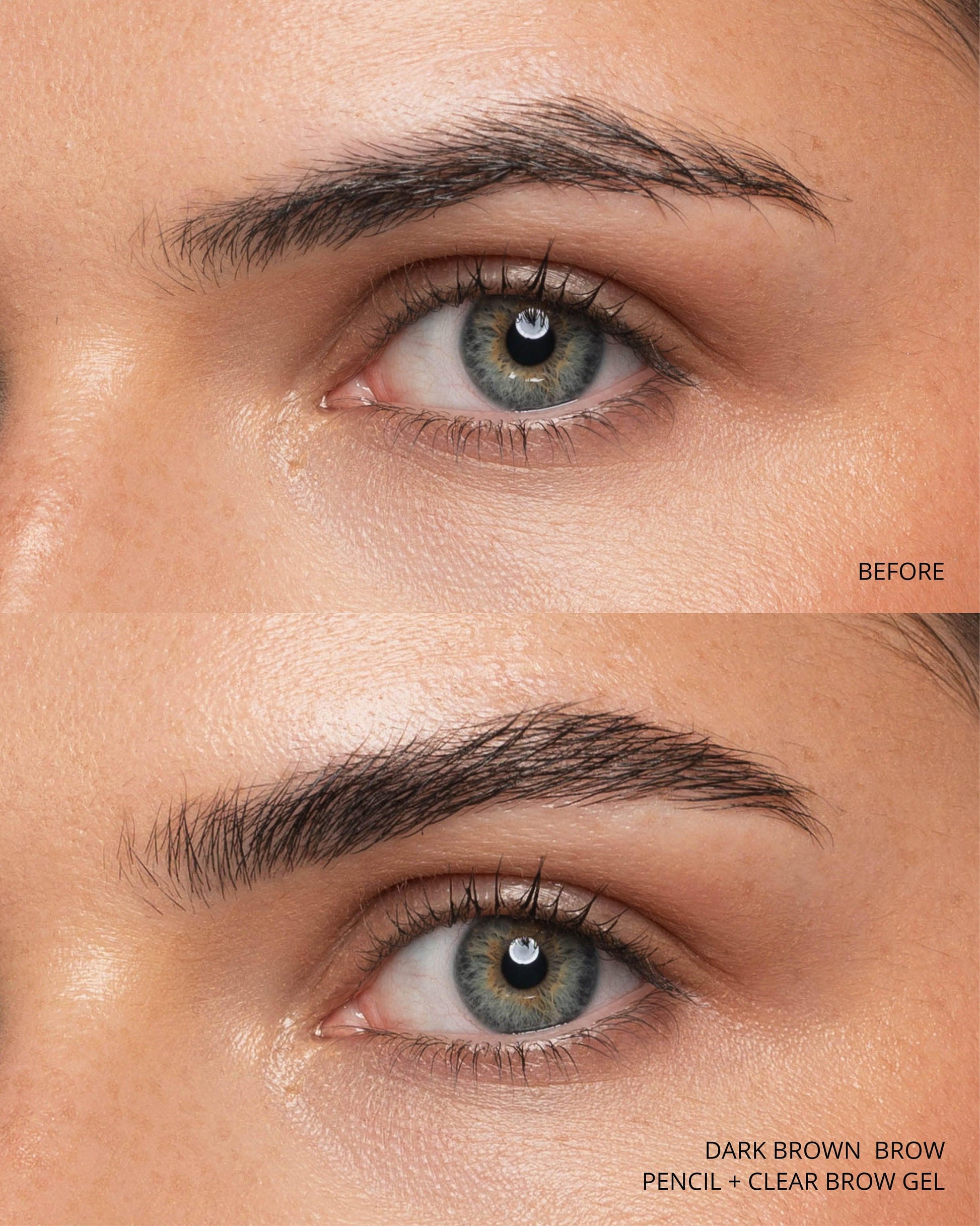 Before and after comparison of a dark brown eyebrow with a pencil and clear brow gel.