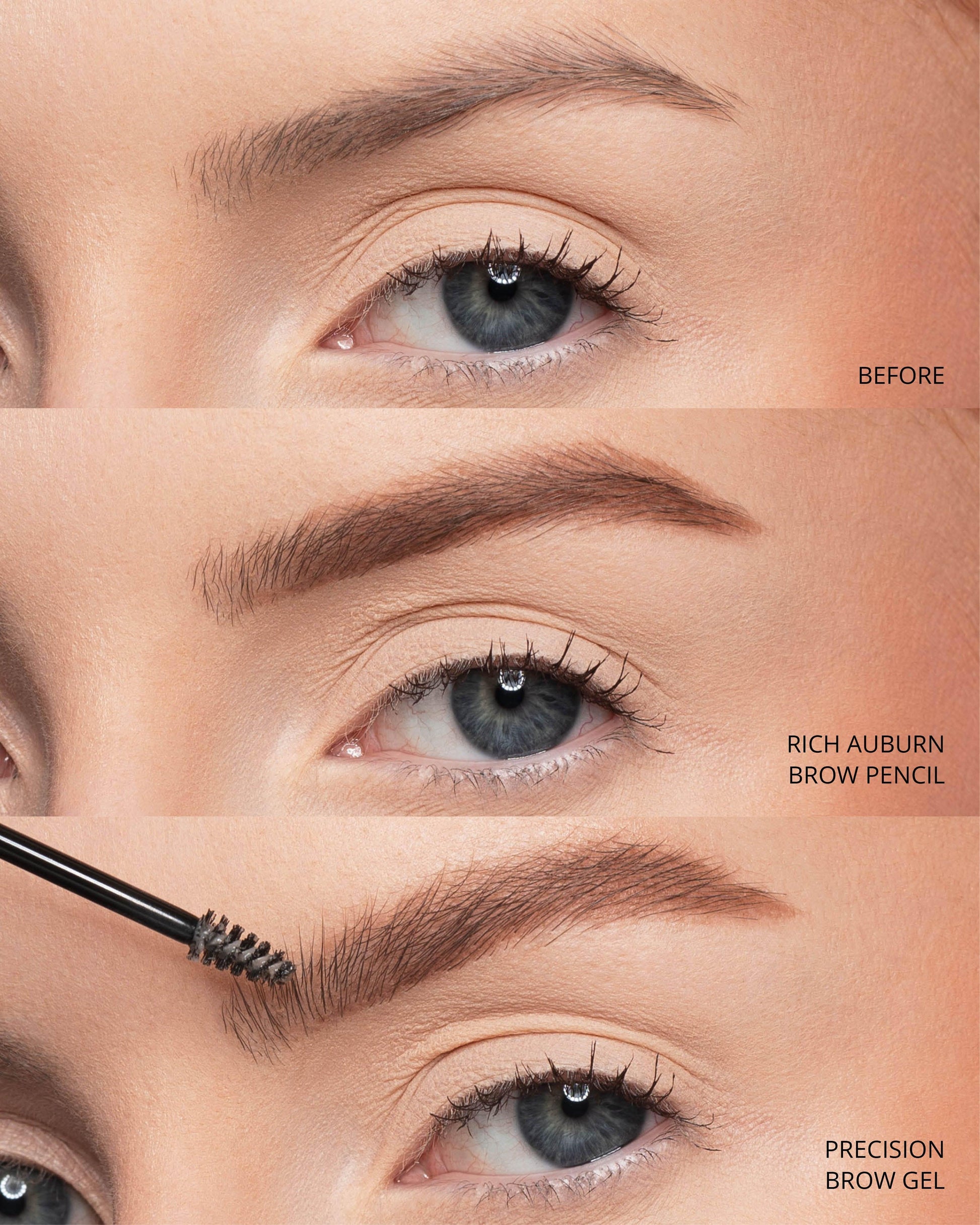 Before and after comparison of a person applying Rich Auburn Brow Pencil and Precision Brow Gel to their eyebrows.