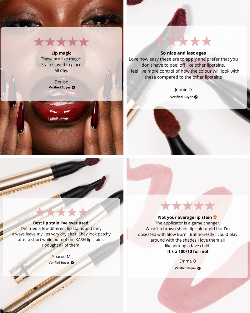 Collage of lip stain product close-ups, applicators, lip swatches, and customer reviews.