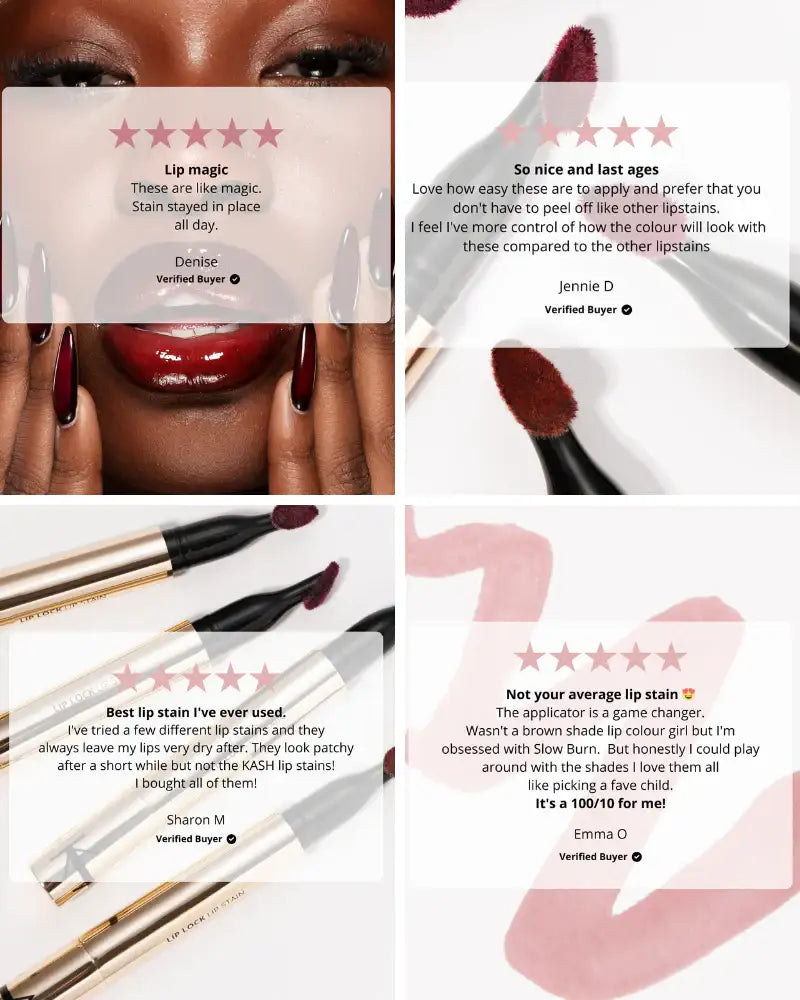 Collage of lip stain product close-ups, applicators, lip swatches, and customer reviews.