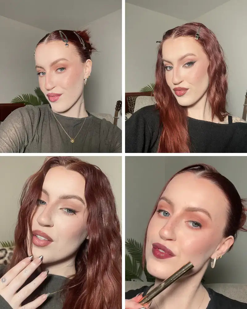 Woman with red hair showcasing makeup looks including glossy lips, eyeliner, and eyeshadow