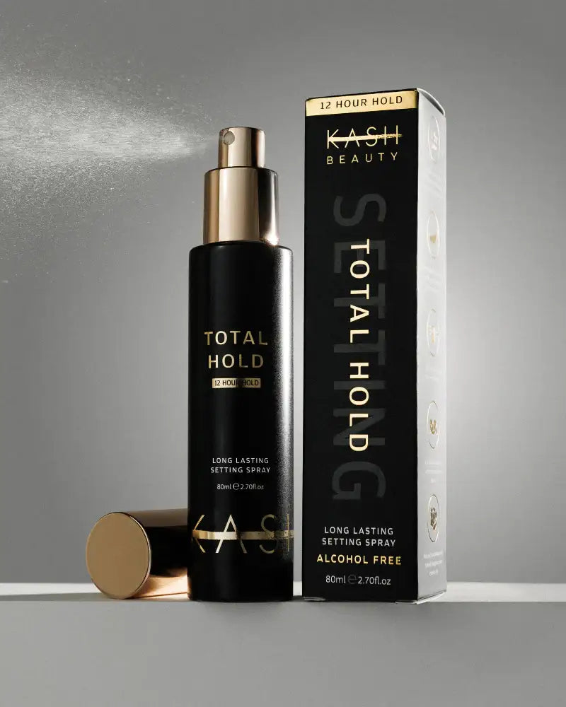 Black and gold total hold long lasting makeup setting spray bottle with box, alcohol-free, 80ml.