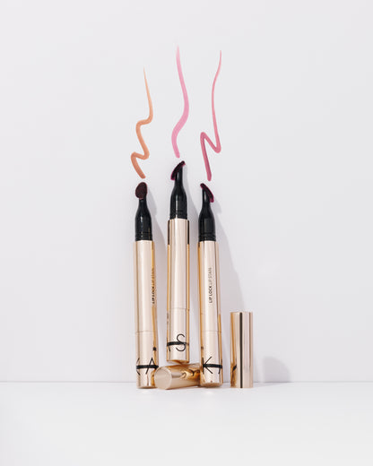 Three lip liner products with color swatches on a white background