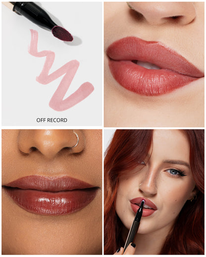 Collage of lipstick application and close-ups with a brand logo.