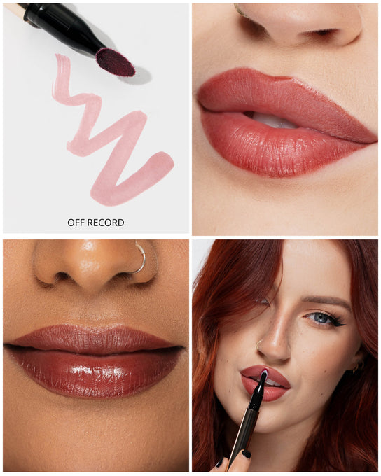 Collage of lipstick application and close-ups with a brand logo.