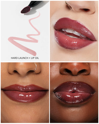 Collage of a lip oil product with close-ups on lips and brand logo.