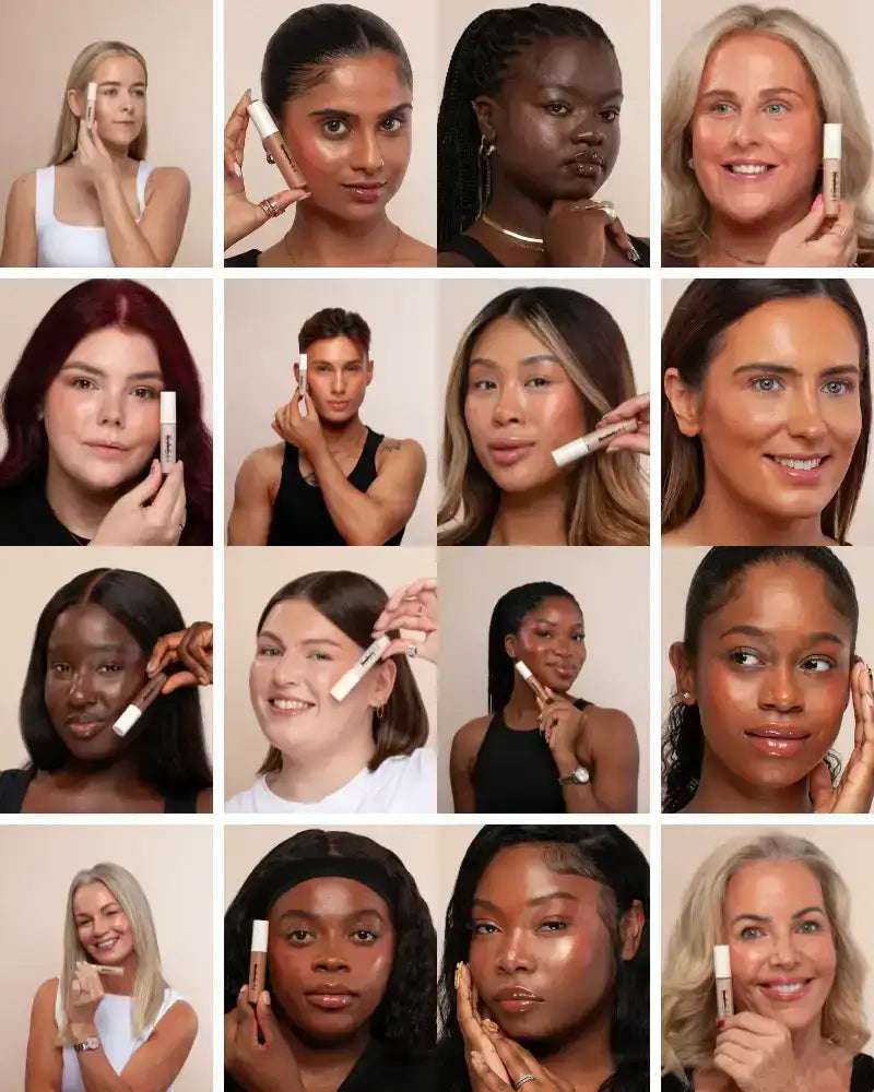 Diverse models showcasing concealer makeup against neutral backgrounds