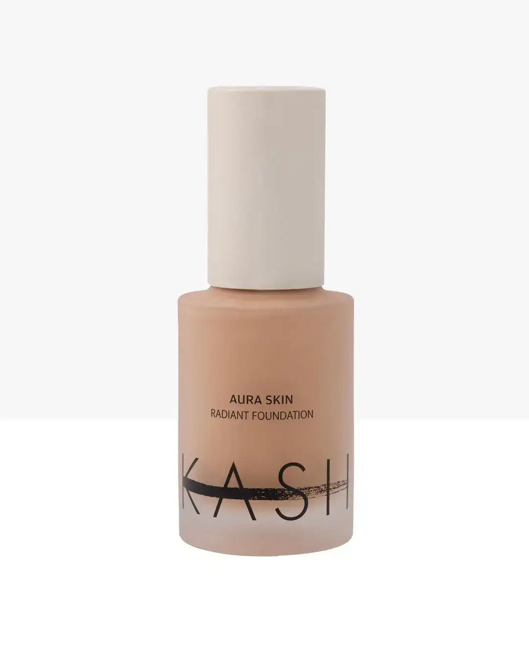 Aura Skin radiant foundation bottle with beige liquid makeup and white cap on white background