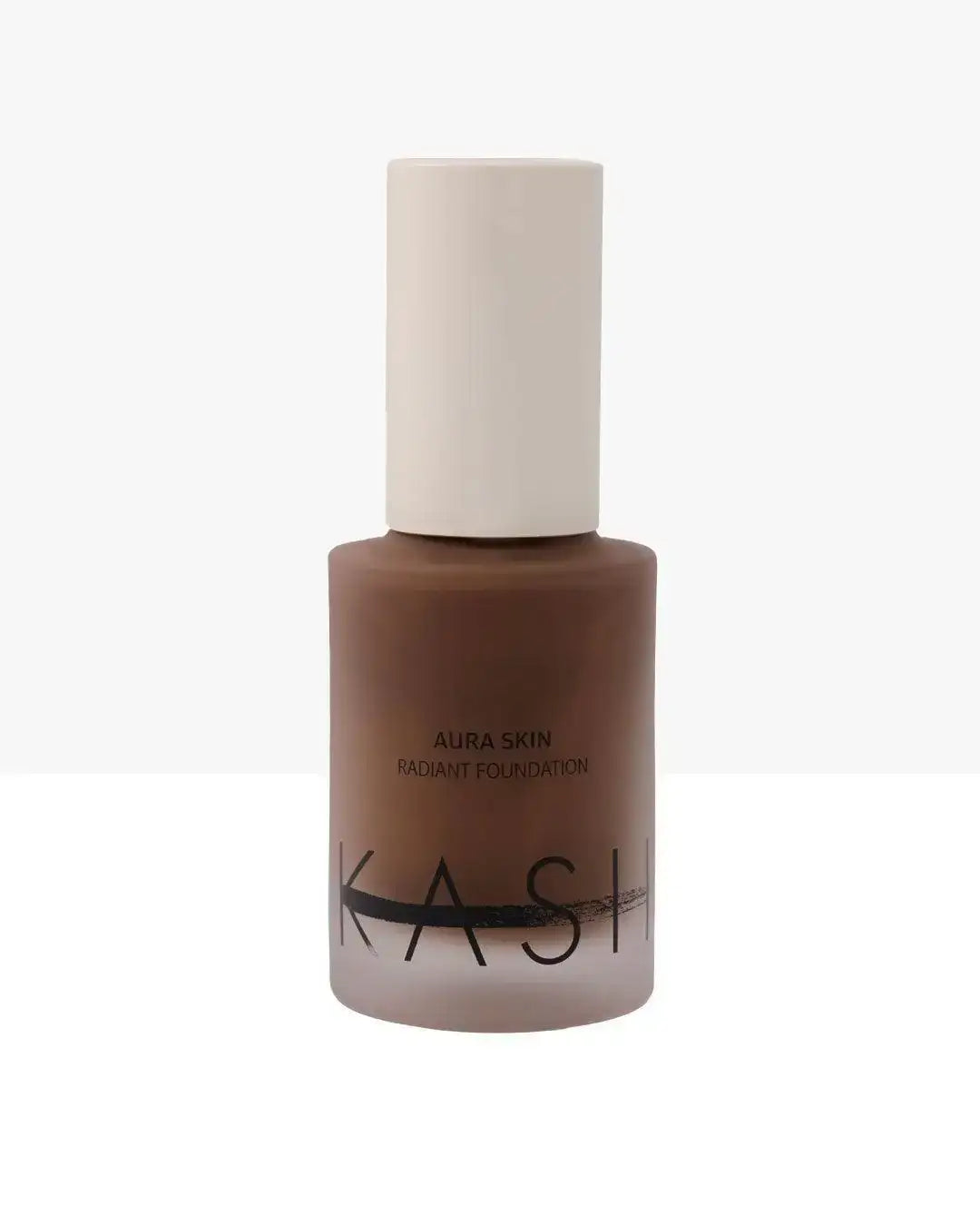Aura Skin Radiant Foundation in a frosted glass bottle with white cap, brown shade