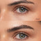 Before and after comparison of a dark brown eyebrow with a pencil and clear brow gel.
