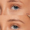 Before and after comparison of a light neutral brown eyebrow pencil and clear brow gel on a person's eye area.