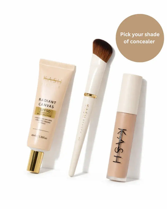 Concealer, foundation brush, and SPF50 radiant canvas cream makeup set on white background
