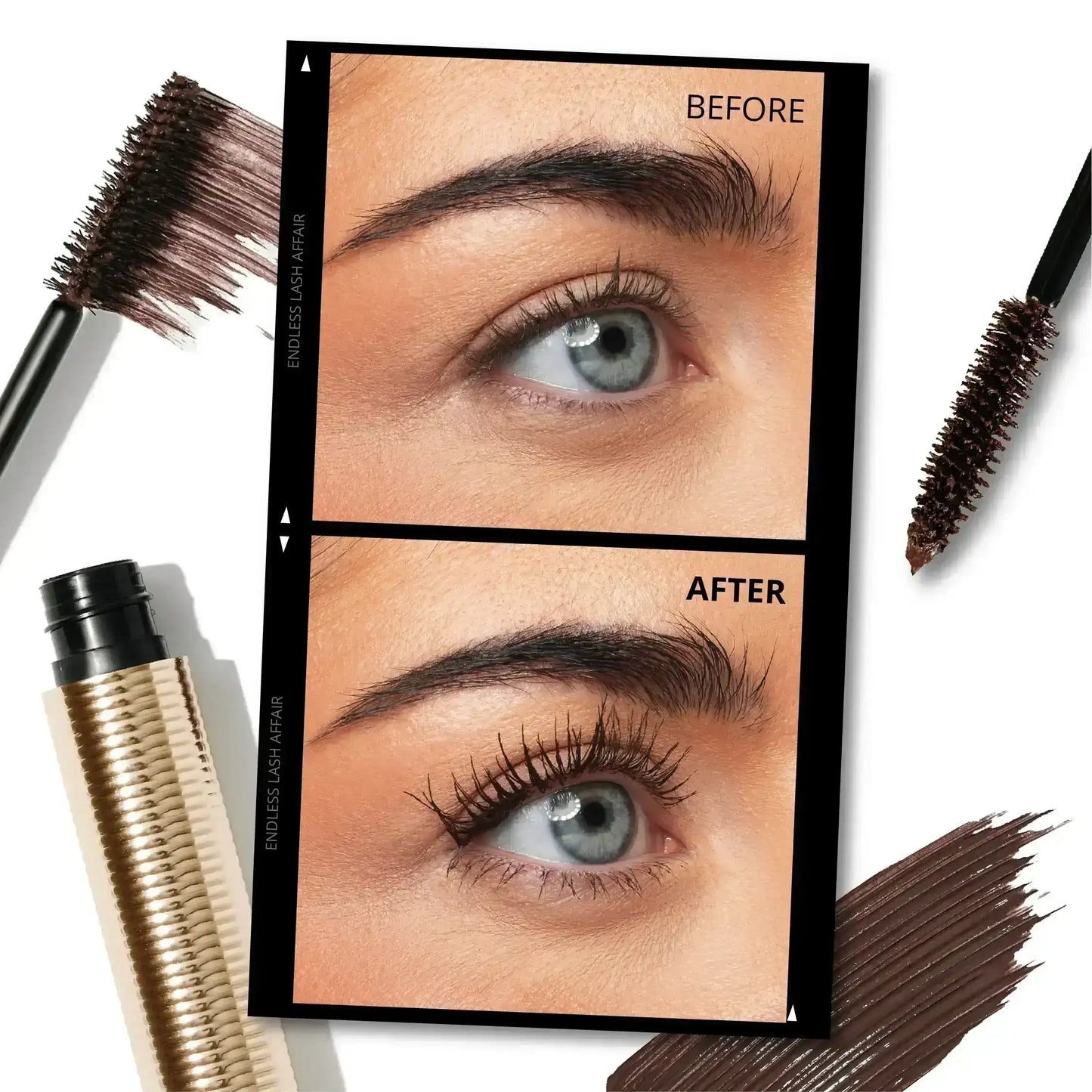 Before and after of eye with brown mascara, showing natural and volumized lash effect.